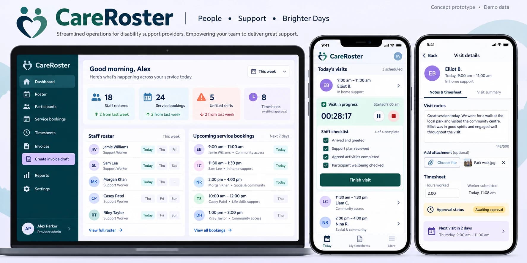 CareRoster full concept interface using demo data