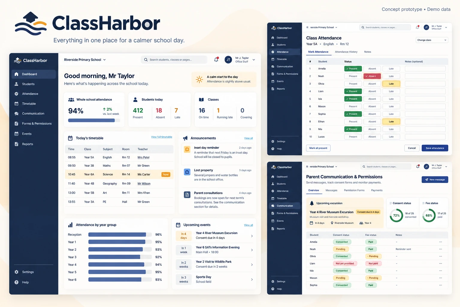 ClassHarbor full concept interface using demo data