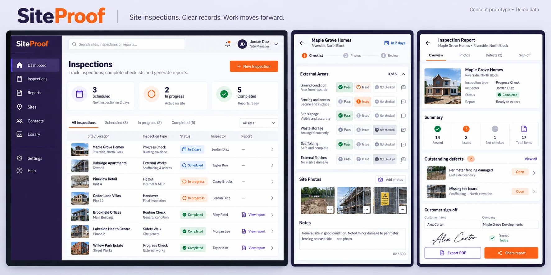 SiteProof full concept interface using demo data