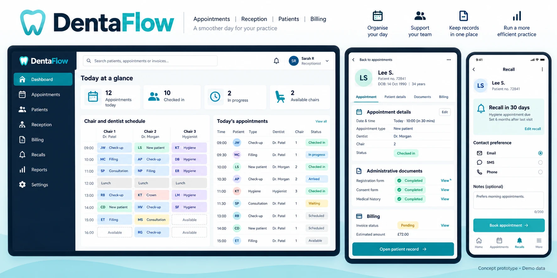 DentaFlow full concept interface using demo data