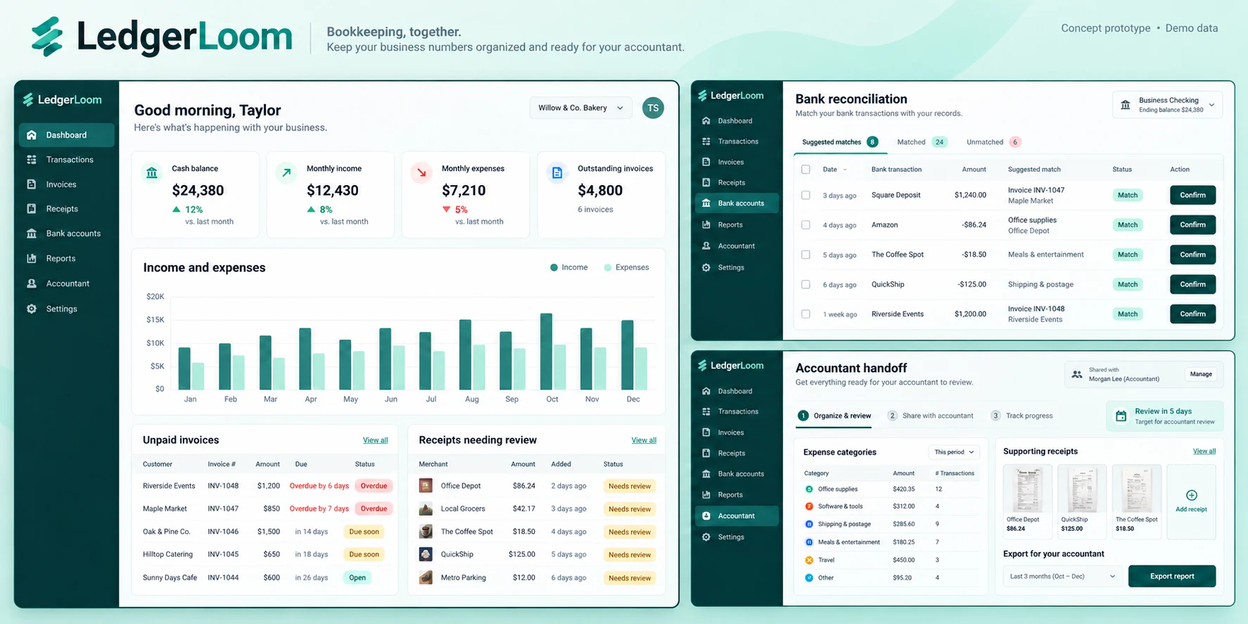 LedgerLoom full concept interface using demo data