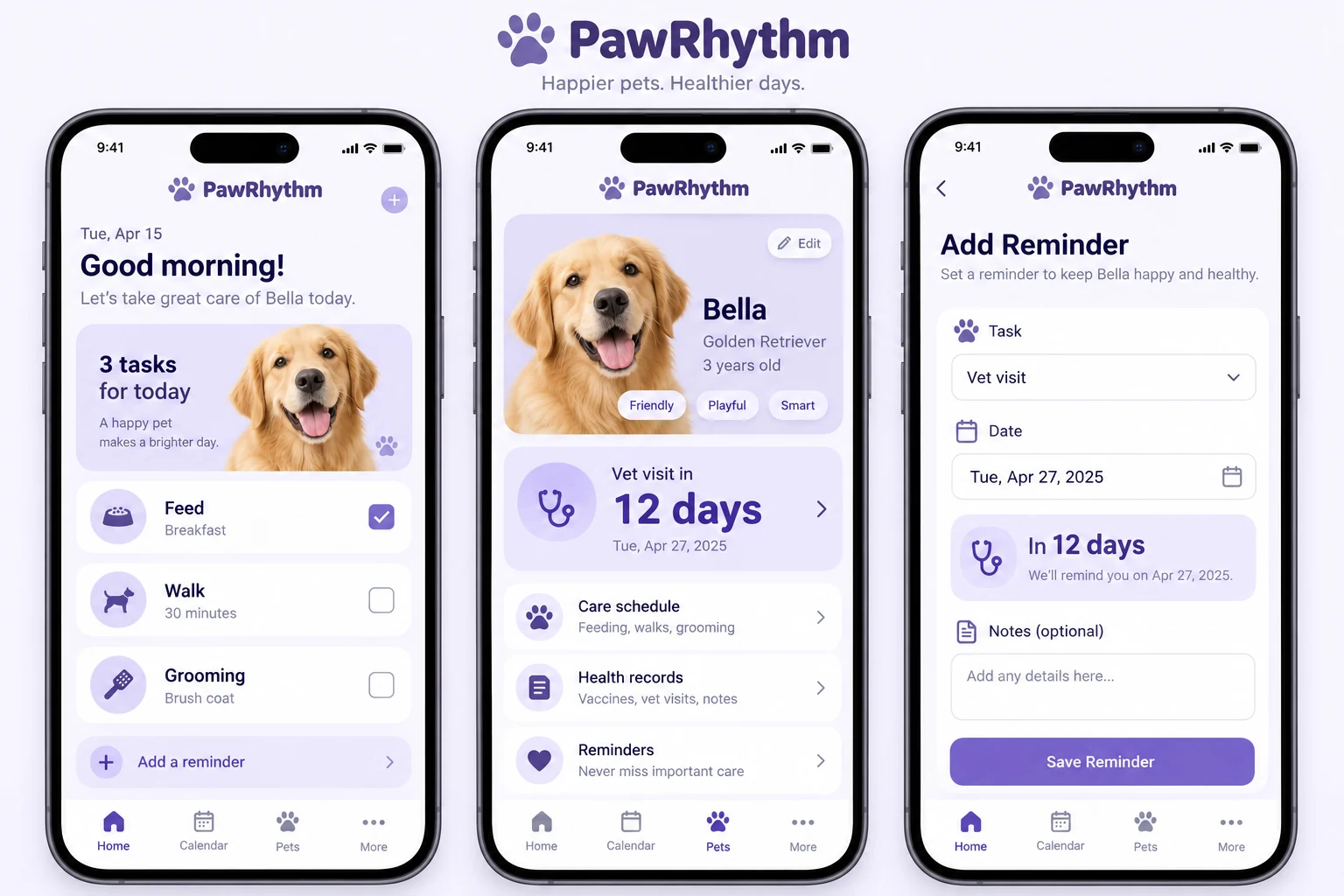 PawRhythm full concept interface using demo data