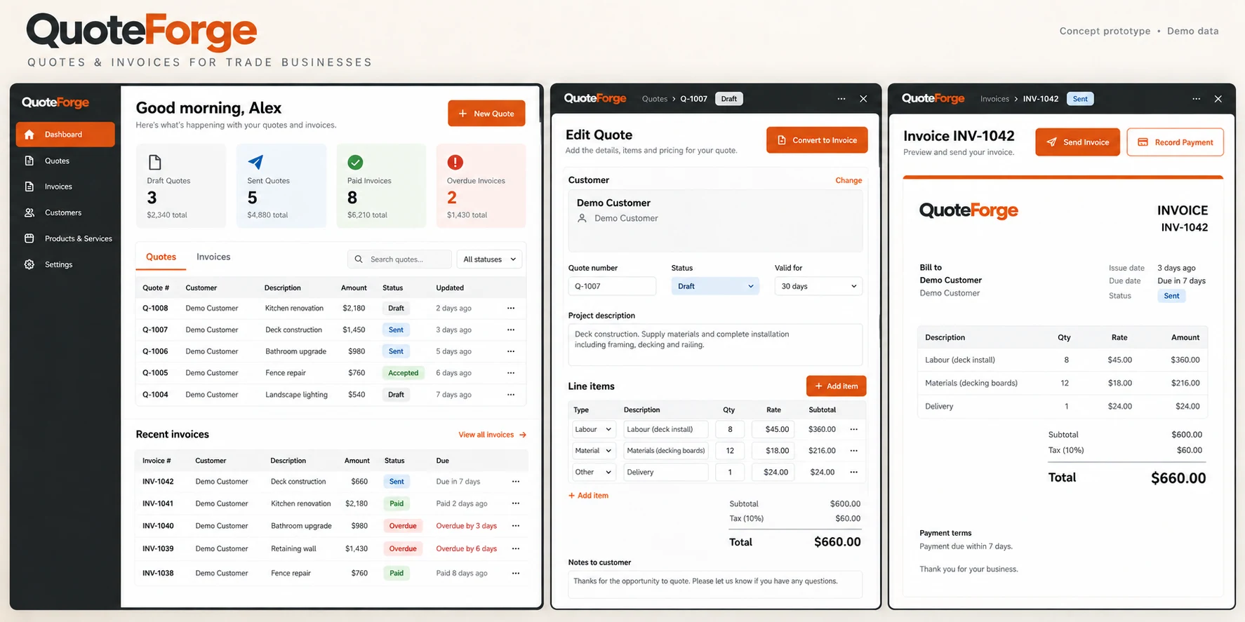 QuoteForge full concept interface using demo data