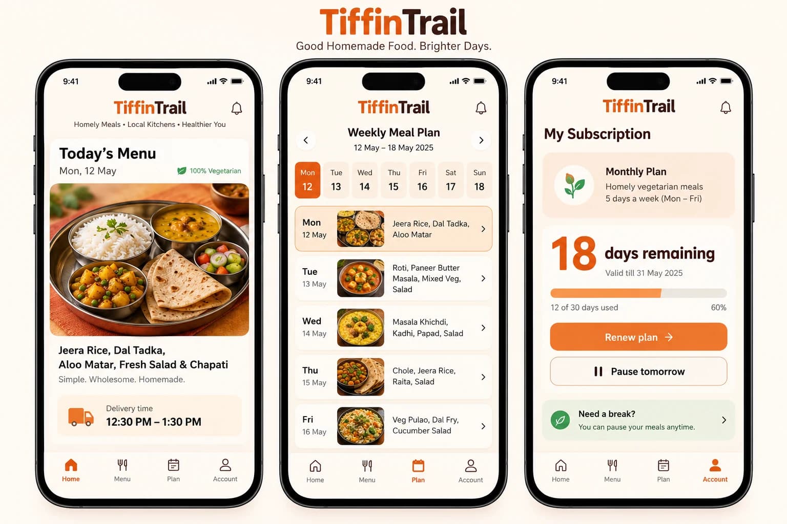 TiffinTrail full concept interface using demo data